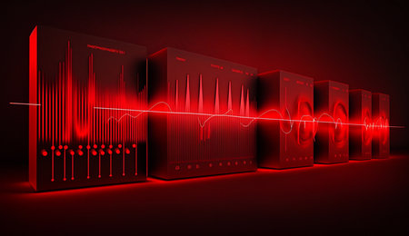 An abstract image of red frequencies with a server in the center on a dark background.の素材