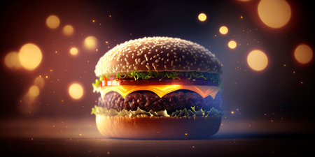 A realistic and mouth-watering illustration of a juicy hamburger with a blurred bokeh background, perfect for any fast food related design project.の素材