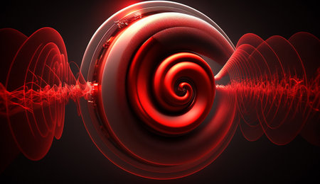 Dynamic and striking abstract image featuring vivid red radial waves set against a dark background.の素材