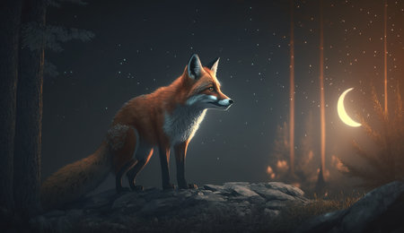 Encounter a breathtaking scene of a fox that prowls in the forest at night - a stunning sight that captures the beauty of wildlife in its natural habitat.の素材