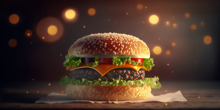 A realistic and mouth-watering illustration of a juicy hamburger with a blurred bokeh background, perfect for any fast food related design project.の素材