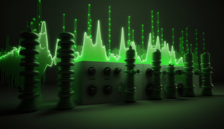 Vibrant green waves with measuring or receiving device on a dark background, abstract and futuristic.の素材