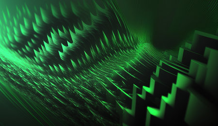 Vibrant green waves of varying frequency against a dark background in a mesmerizing abstract artwork.の素材