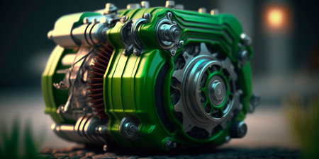 Illustration of a green motor powered by renewable energy sources, promoting a clean and sustainable future.の素材