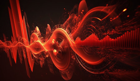 Vibrant red frequencies create a mesmerizing abstract composition on a dark background.の素材