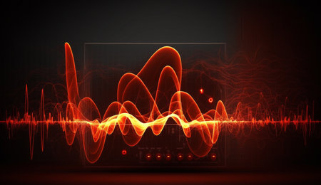 Vibrant red frequencies create a mesmerizing abstract composition on a dark background.の素材