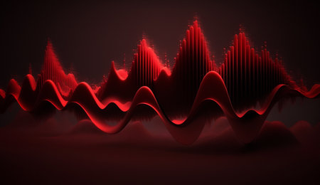 Vibrant red frequencies create a mesmerizing abstract composition on a dark background.の素材