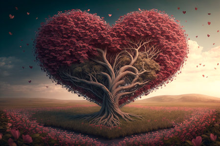 Red blossom tree in heart shape with happiness. Valentine tree for decoration romantic concept.の素材