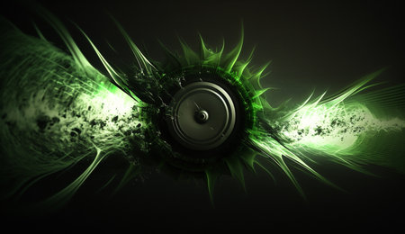 Vibrant green sound waves pulse from a speaker against a dark, abstract background.の素材