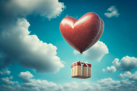 Beautiful red hot air balloon heart shape against blue sky. Romantic trip on Valentine's Day. illustrationの素材