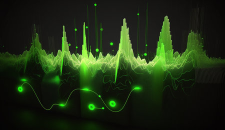 Vibrant green waves of varying frequency against a dark background in a mesmerizing abstract artwork.の素材