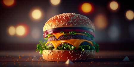 A realistic and mouth-watering illustration of a juicy hamburger with a blurred bokeh background, perfect for any fast food related design project.の素材