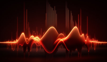 Vibrant red frequencies create a mesmerizing abstract composition on a dark background.の素材
