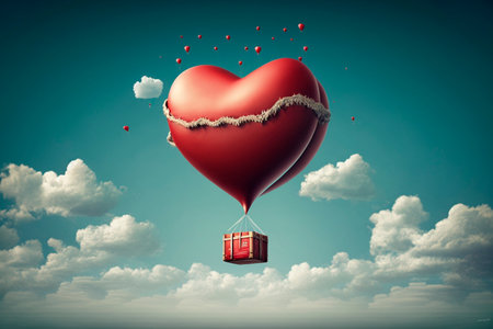 Beautiful red hot air balloon heart shape against blue sky. Romantic trip on Valentine's Day. illustrationの素材