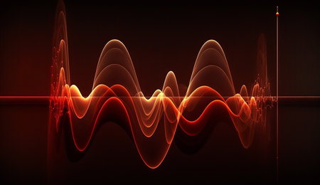 Vibrant red frequencies create a mesmerizing abstract composition on a dark background.の素材