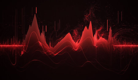 Vibrant red frequencies create a mesmerizing abstract composition on a dark background.の素材