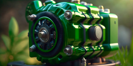 Illustration of a green motor powered by renewable energy sources, promoting a clean and sustainable future.の素材