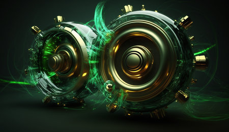 Vibrant green sound waves pulse from a speaker against a dark, abstract background.の素材