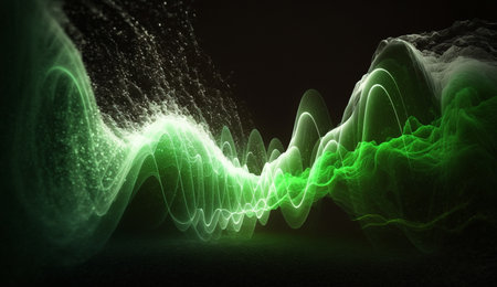 Vibrant green waves of varying frequency against a dark background in a mesmerizing abstract artwork.の素材