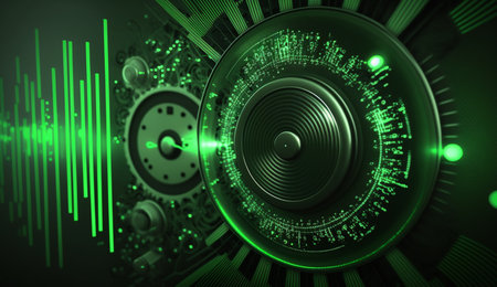 Vibrant green sound waves pulse from a speaker against a dark, abstract background.の素材