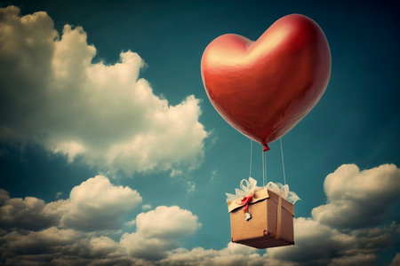Beautiful red hot air balloon heart shape against blue sky. Romantic trip on Valentine's Day. illustrationの素材