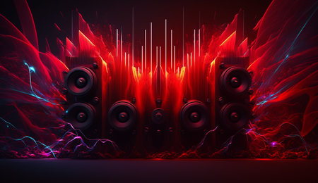 Dynamic red frequencies meet music speakers in a vibrant and abstract composition on a dark background.の素材