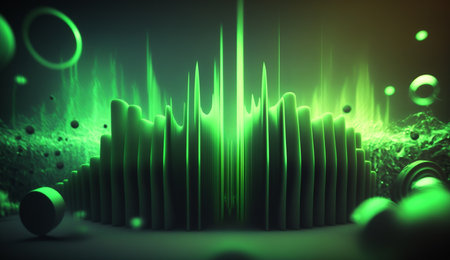 Vibrant green waves of varying frequency against a dark background in a mesmerizing abstract artwork.の素材