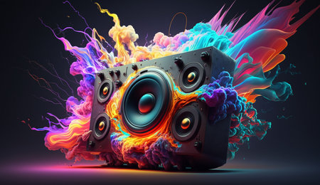 Vibrant, colorful sound waves emanating from speaker on dark background, abstract art.の素材