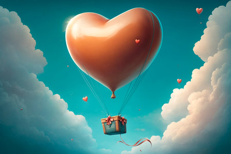 Beautiful red hot air balloon heart shape against blue sky. Romantic trip on Valentine's Day. illustrationの素材