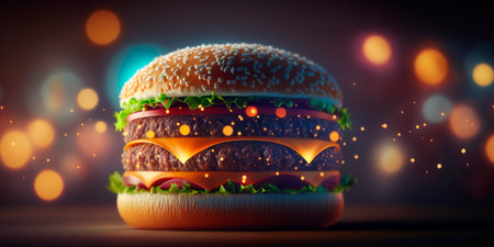 A realistic and mouth-watering illustration of a juicy hamburger with a blurred bokeh background, perfect for any fast food related design project.の素材