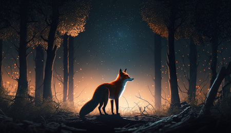 Encounter a breathtaking scene of a fox that prowls in the forest at night - a stunning sight that captures the beauty of wildlife in its natural habitat.の素材