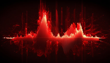 Vibrant red frequencies create a mesmerizing abstract composition on a dark background.の素材