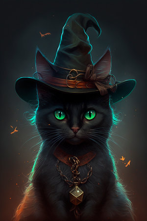 A magical cat dressed as a witch for Halloween. Funny AI generated content.の素材
