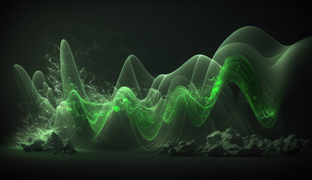 Vibrant green waves of varying frequency against a dark background in a mesmerizing abstract artwork.の素材