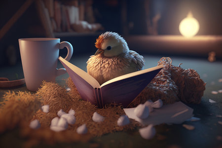 A young chicken nestled in a cozy straw nest reads a book in a well-lit barn.の素材