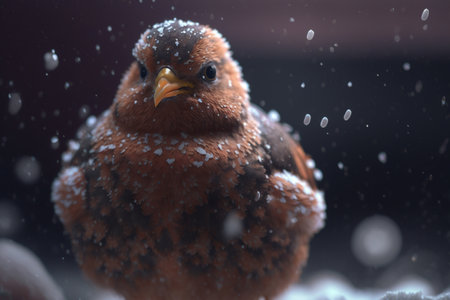 A curious chicken exploring the snow with a fluffy coat on its feathersの素材