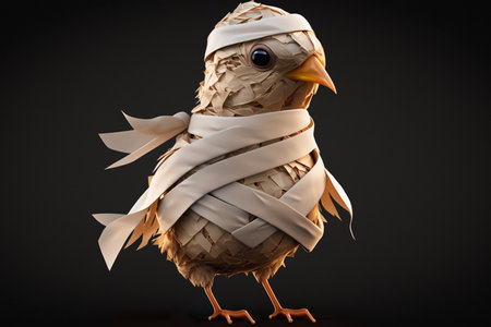 A quirky chicken dressed as a mummy poses against a dark background, bringing a touch of humor to the eerie scene.の素材