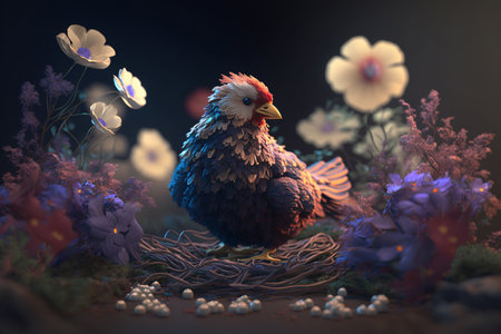 A chicken takes a cozy break in a nest made of colorful flowers.の素材