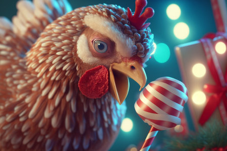 This cute chicken can't resist a sweet treat. It's enjoying a delicious lollipop while perching on a fenceの素材