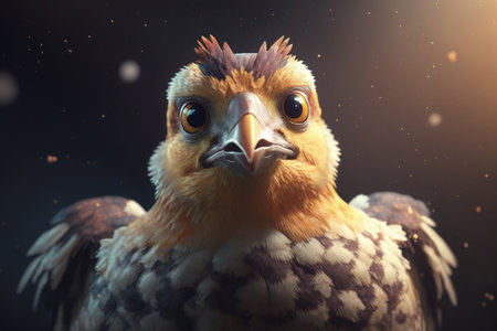 A close-up portrait of a humorous chicken making direct eye contact with the cameraの素材