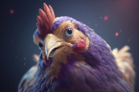 A close-up portrait of a humorous chicken making direct eye contact with the cameraの素材