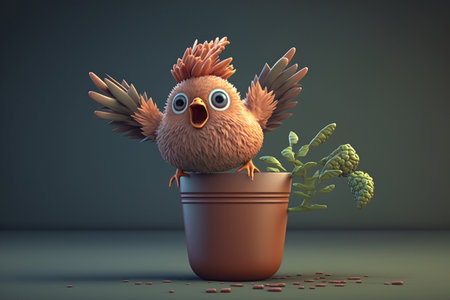 Watch as this playful chicken jumps with joy onto a flower potの素材