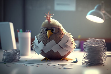 A funny chicken in glasses covered in a lot of sticky notes while sitting at a desk in an officeの素材