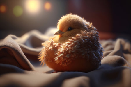 A cute little chick is snuggled up in a soft blanket, enjoying the sunshine's warmthの素材