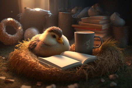 A young chicken nestled in a cozy straw nest reads a book in a well-lit barn.の素材