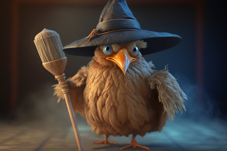 This chicken is ready to brew up some mischief with its witch hat and broomstick!の素材