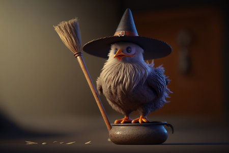 This chicken is ready to brew up some mischief with its witch hat and broomstick!の素材