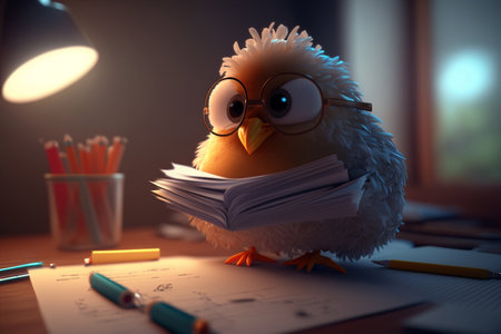 This funny chicken with glasses seems to have a lot of work to do in the office, holding a stack of papers.の素材