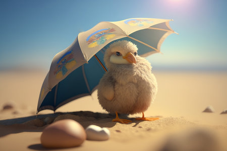 A hen soaking up the sun under a beach umbrellaの素材