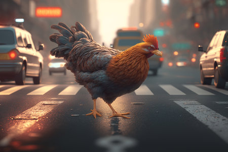 A chicken bravely crosses the busy street of a bustling city, surrounded by bright lights and rushing carsの素材